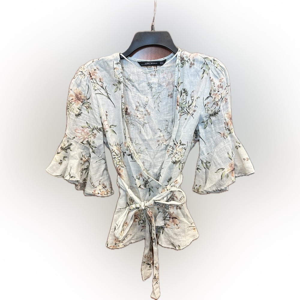 Zara Floral Linen Wrap Blouse - Cream, Pink and Green - Picture 3 of 6